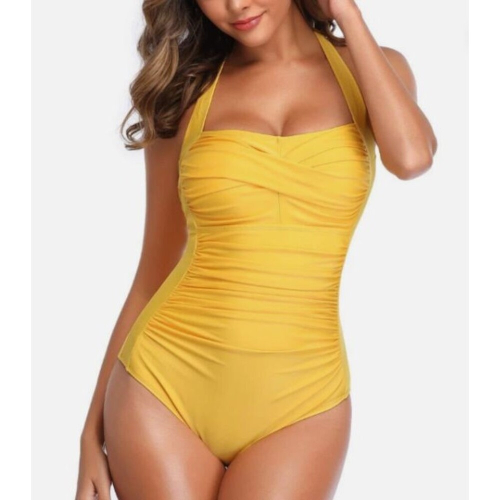 NWT Smismivo Classic Halter One Piece Swimsuit Yellow Summer Pool Size XXL #974